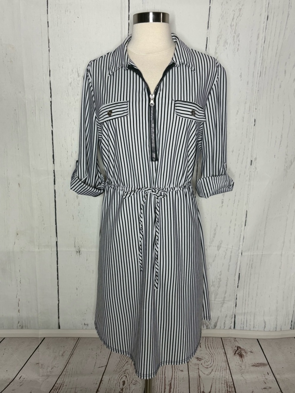 Mlle Gabrielle Black & White Striped Shirt Midi Dress
